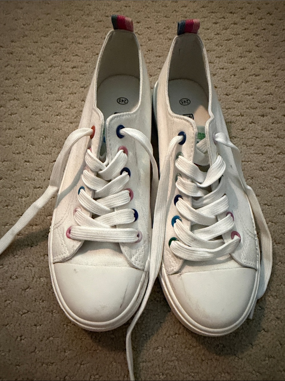 White Canvas Women's Sneakers with Rainbow Eyelet Accents